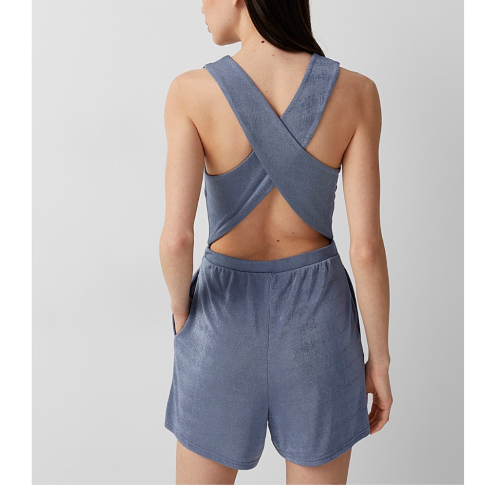 Shiny slate blue crisscross back knit romper NWT